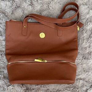 Joy Mangano Brown Leather Tote with Gold Details.